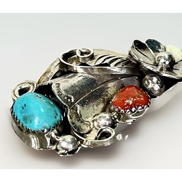 Large Vintage Native Navajo Turquoise Coral Sterling Silver Pendant 2.5” Signed - Picture 10 of 13